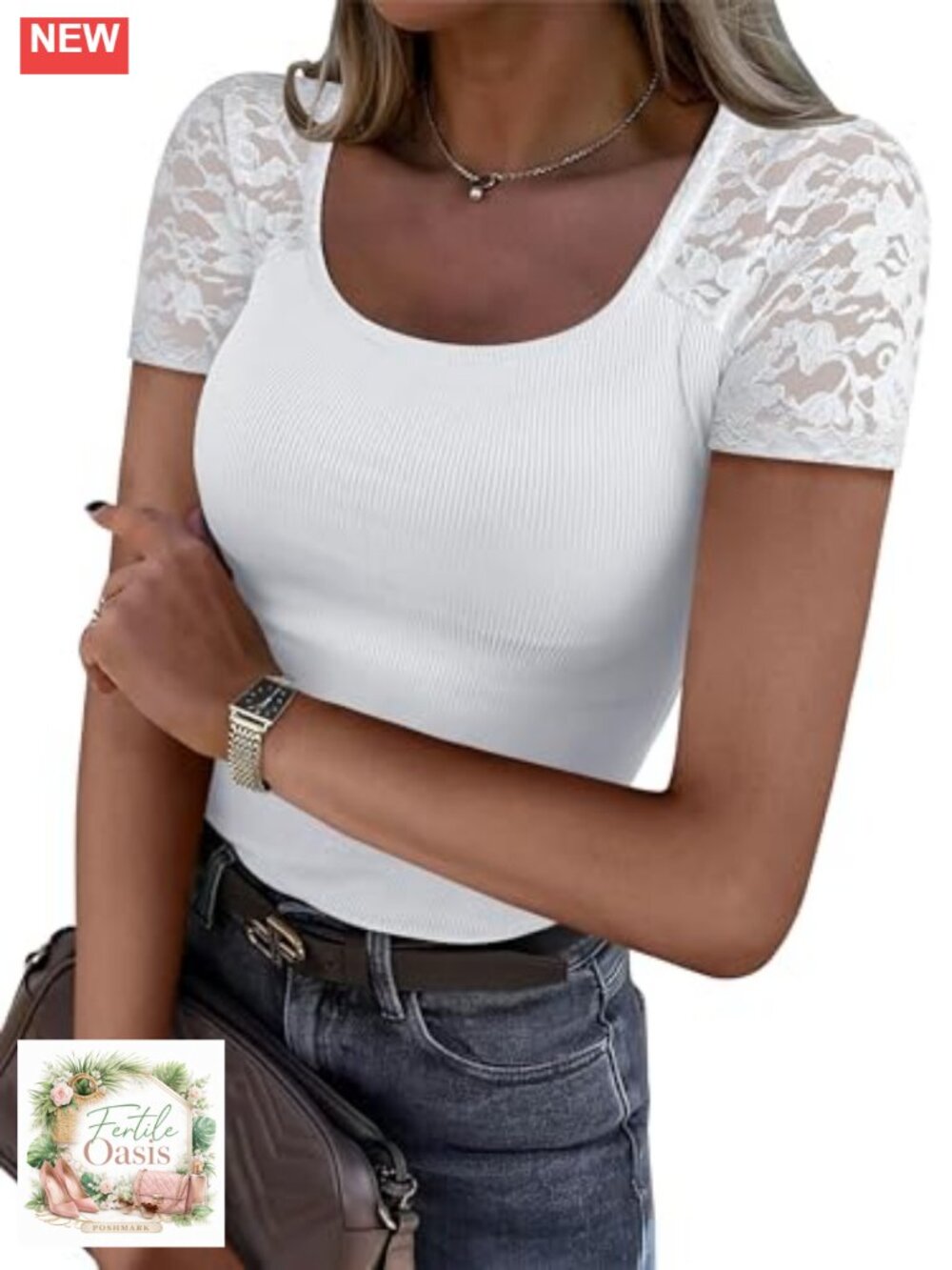 Womens Slim Fit Short Sleeve Lace Top Scoop Neck Ribbed Knit Summer Casual Tee